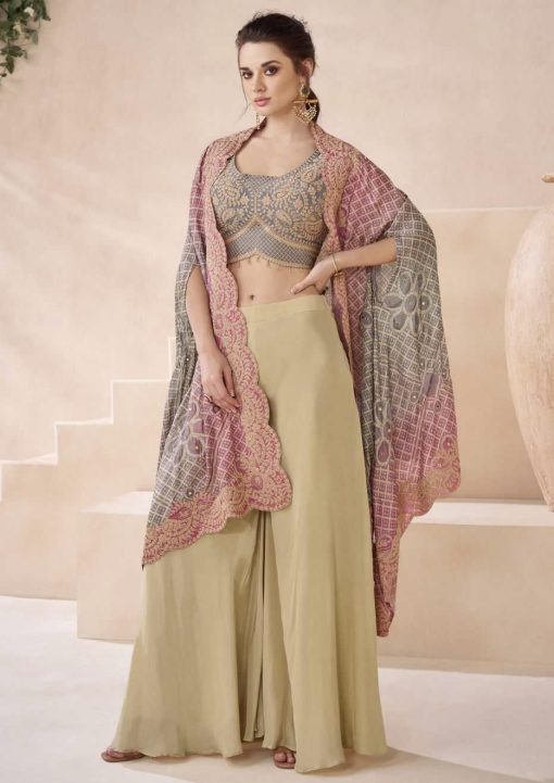Beige Palazzo Suit With Crop Top & Shrug