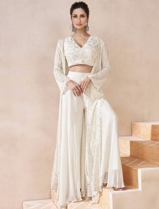 White Palazzo Suit With Crop Top & Shrug