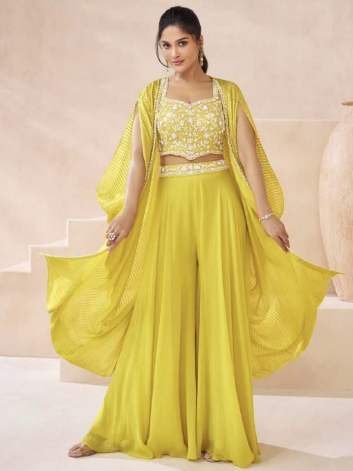 Yellow Palazzo Suit With Crop Top & Shrug