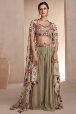 Beige Palazzo Suit With Crop Top & Shrug