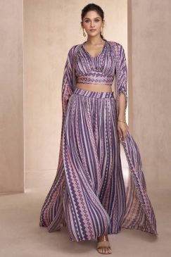 Purple Palazzo Suit With Crop Top & Shrug