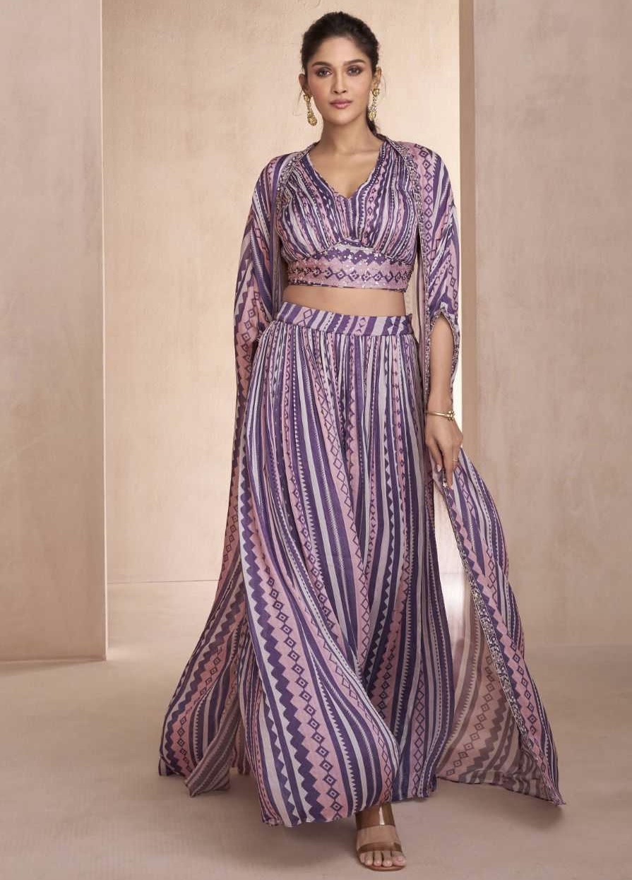 Purple Palazzo Suit With Crop Top Shrug Salwar Kameez Designer Collection