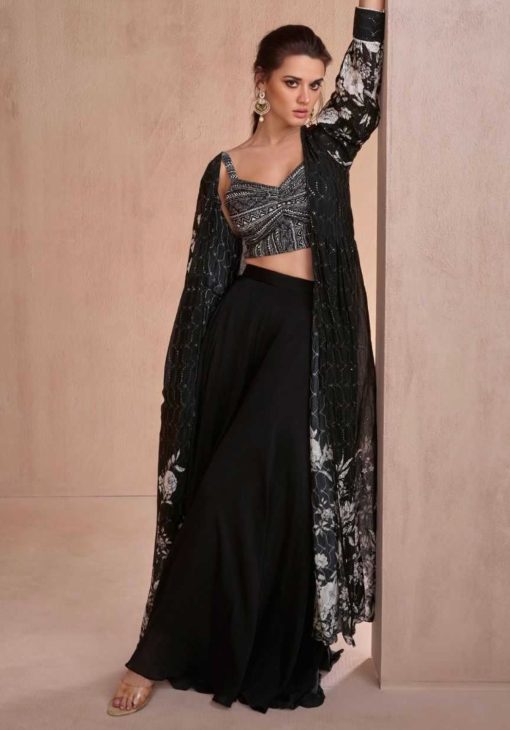 Black Palazzo Suit With Crop Top & Shrug