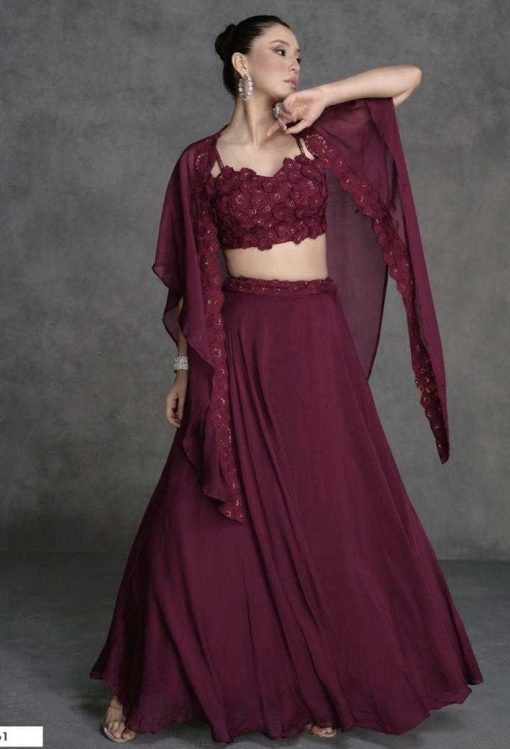 Deep Wine Lehenga Suit With Shrug