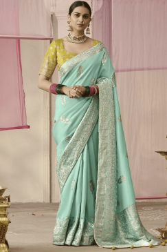Turquoise Embroidered Wedding Saree
