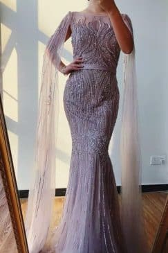 Sequin Cape Style Beaded Evening Dress
