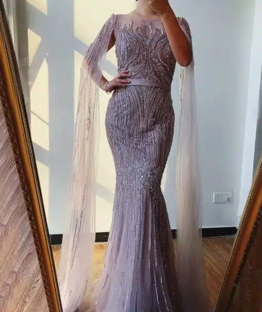 Sequin Cape Style Beaded Evening Dress