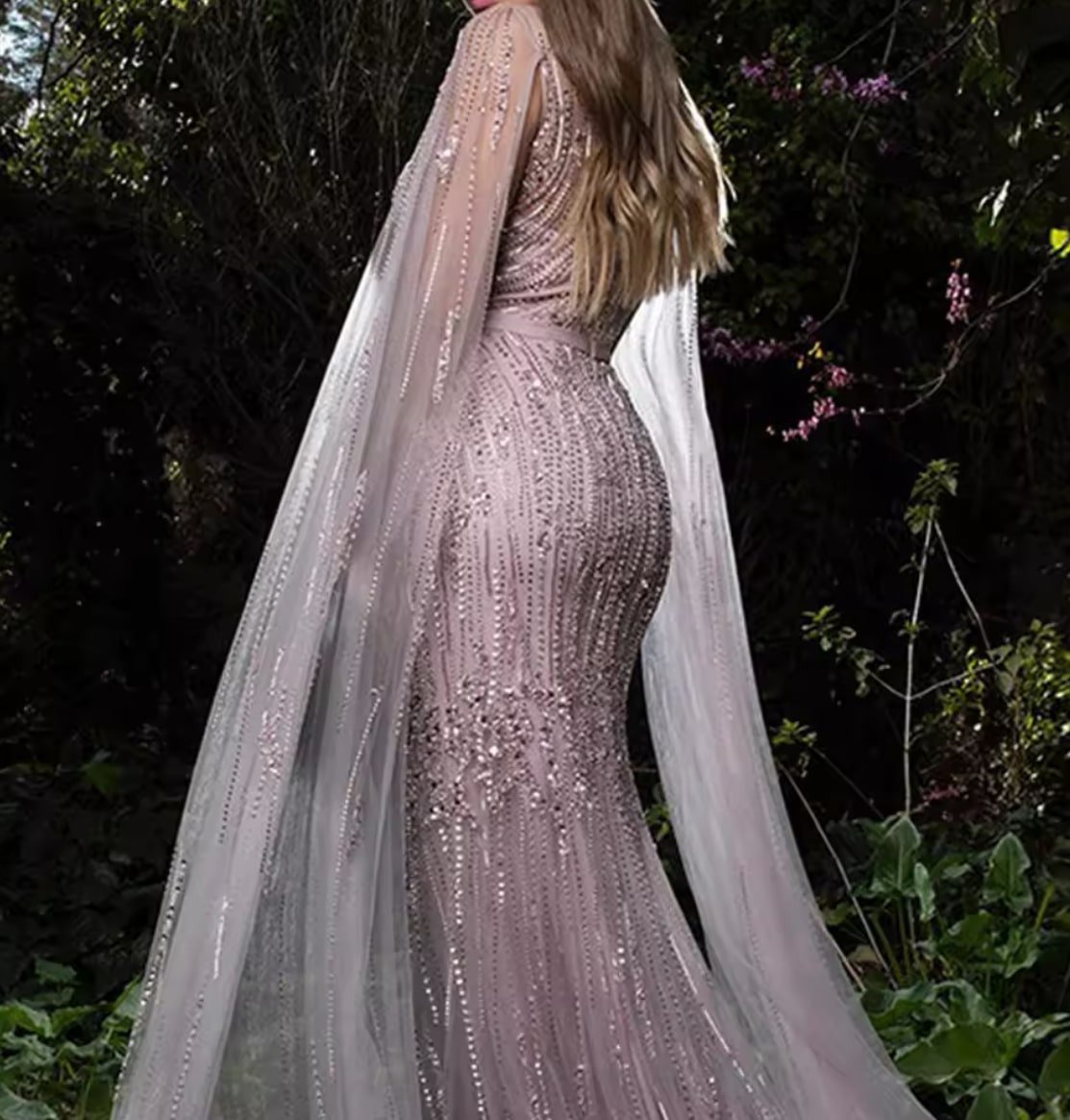 Sequin Cape Style Beaded Evening Dress - Image 2