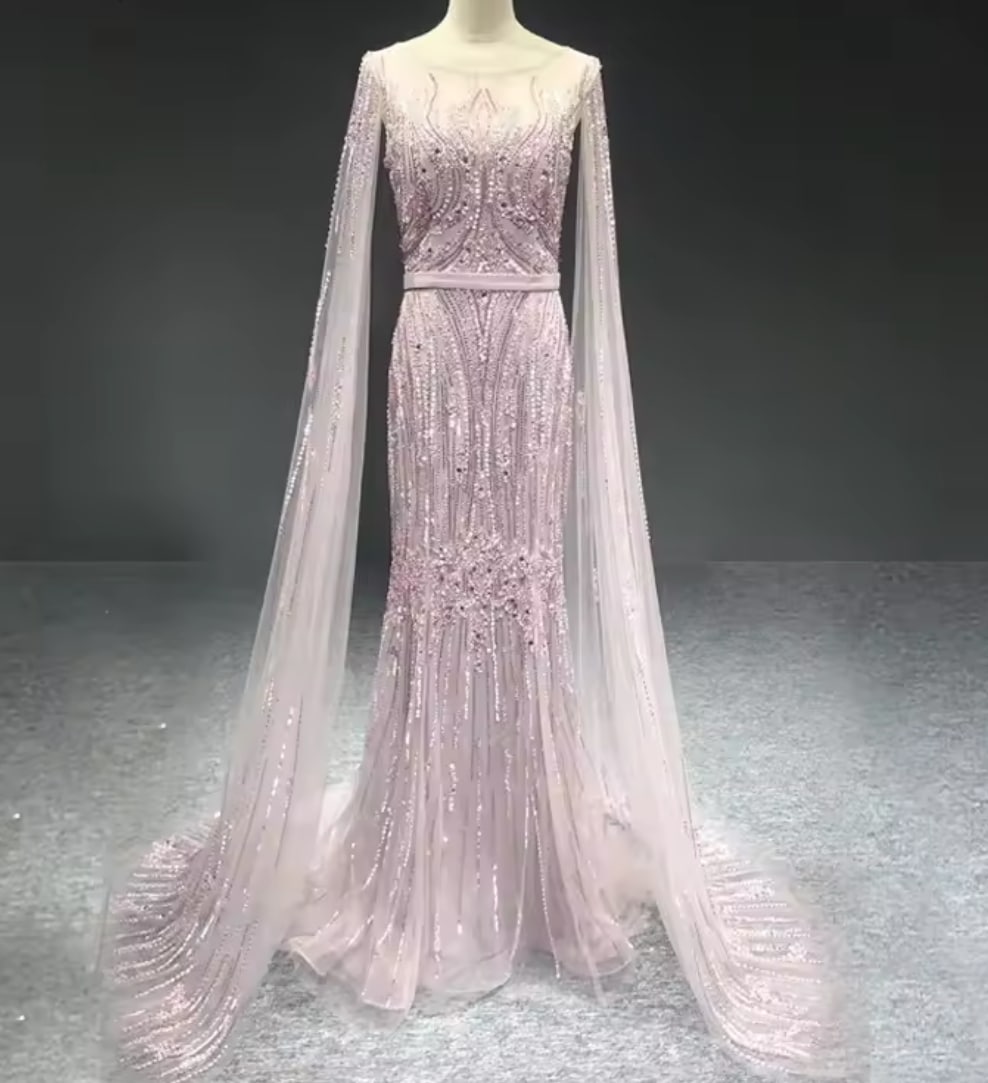 Sequin Cape Style Beaded Evening Dress - Image 5