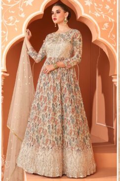 Cream Beige Net Embroidered Anarkali Suit