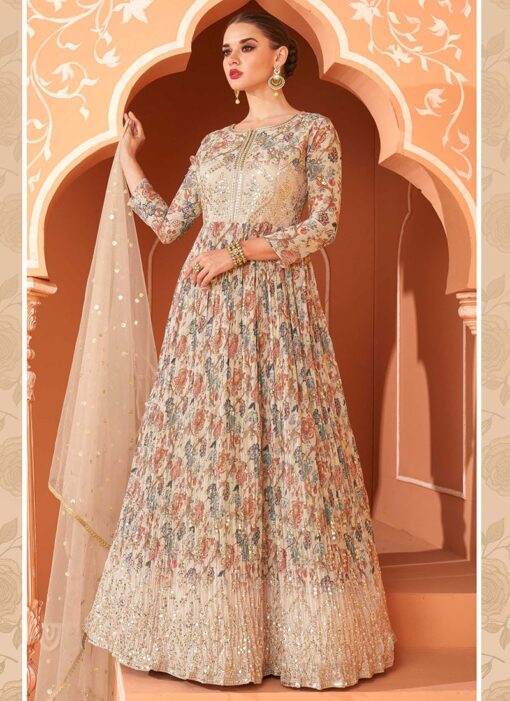 Cream Beige Net Embroidered Anarkali Suit