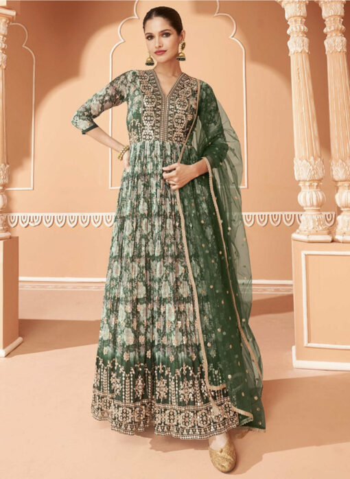 Green Net Embroidered Anarkali Suit