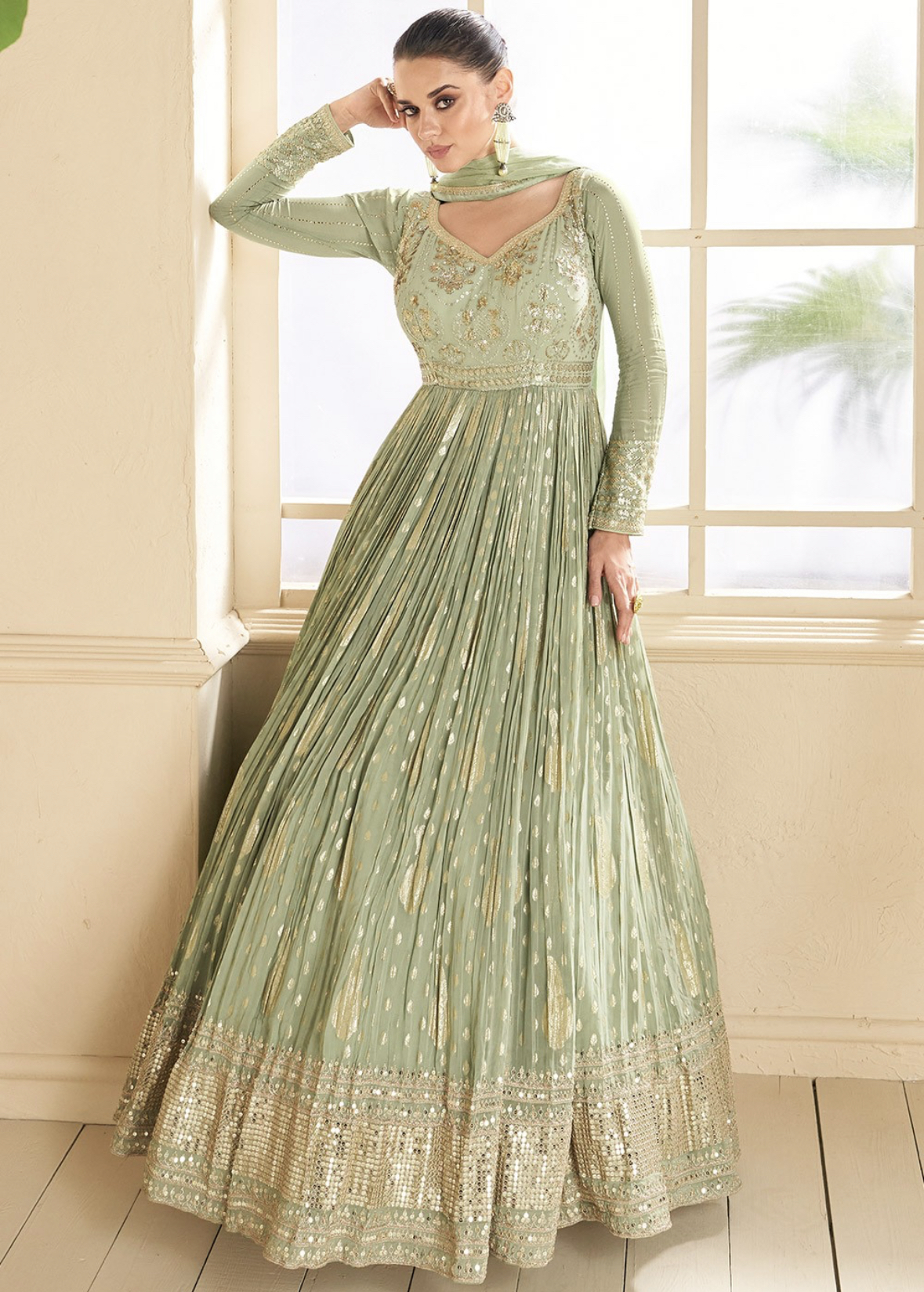 yellow net embroidered floor length anarkali suit 3103