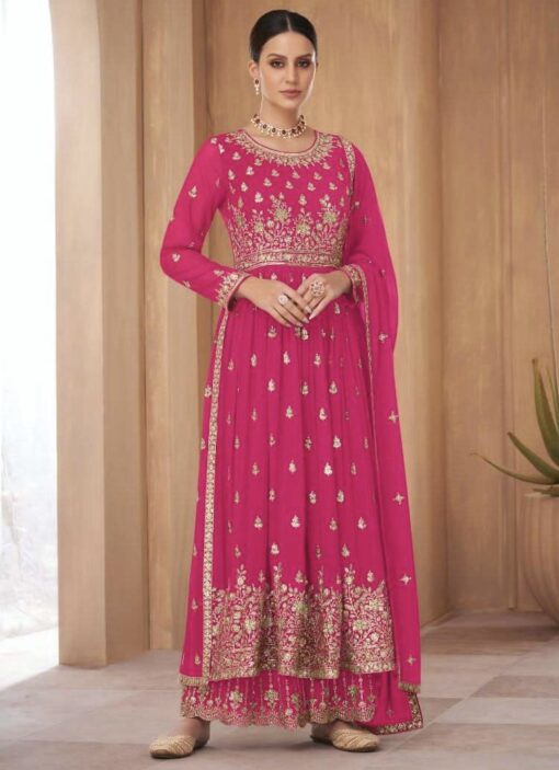 Pink Georgette Embroidered Anarkali Palazzo Suit
