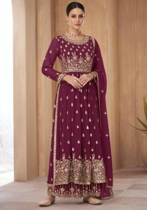 Wine Georgette Embroidered Anarkali Palazzo Suit