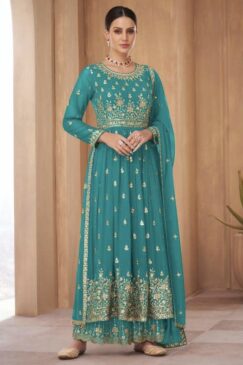 Turquoise Georgette Embroidered Anarkali Palazzo Suit