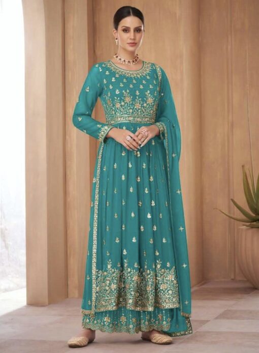 Turquoise Georgette Embroidered Anarkali Palazzo Suit