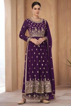 Purple Georgette Embroidered Anarkali Palazzo Suit
