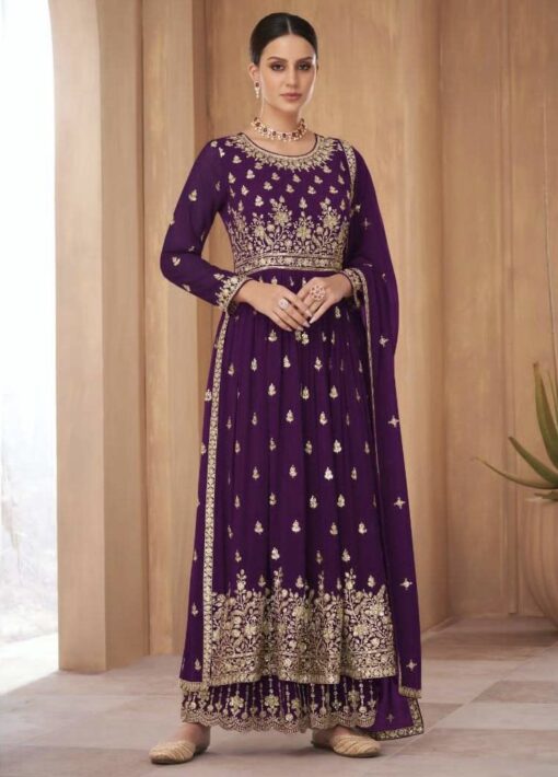 Purple Georgette Embroidered Anarkali Palazzo Suit