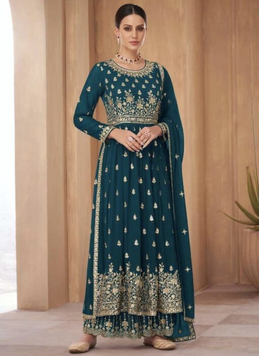 Teal Georgette Embroidered Anarkali Palazzo Suit