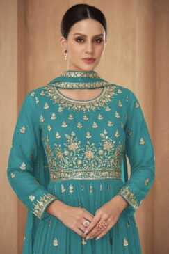 Alternative view of Turquoise Georgette Embroidered Anarkali Palazzo Suit