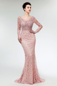 O Neck Pearl Beaded Floor Length Lace Dress