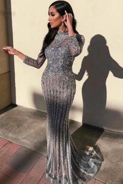 Grey Full Sleeve Beaded Diamond Luxury Mermaid Dress
