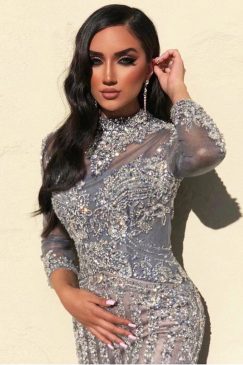 Alternative view of Grey Full Sleeve Beaded Diamond Luxury Mermaid Dress