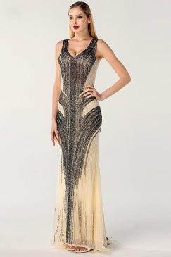 Grey Luxury V-Neck Mermaid Sequinned Evening Dress