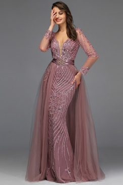 Mauve Sequined Sparkle V Neck Evening Dress