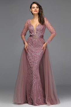 Alternative view of Mauve Sequined Sparkle V Neck Evening Dress