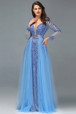 Blue Sequined Sparkle V Neck Evening Dress