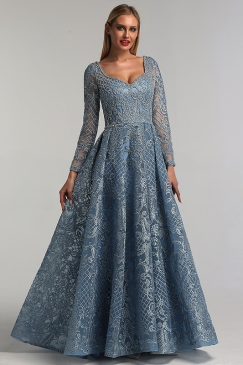 Blue Sweetheart Neck Beaded Evening Dress