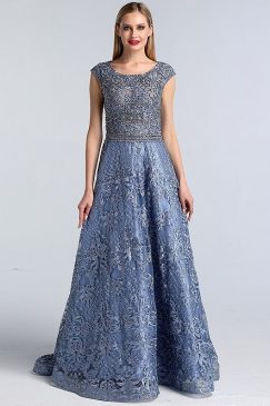 Blue Diamond O-Neck Beaded Evening Dress