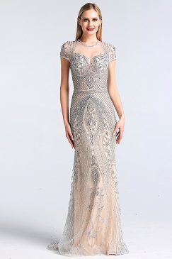 Lux Short Sleeve Crystal Evening Dress