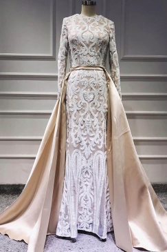 Nude O Neck Train Back Sequinned Evening Dress