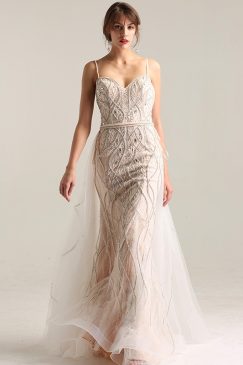 Pearls And Crystal Nude Mermaid Evening Dress