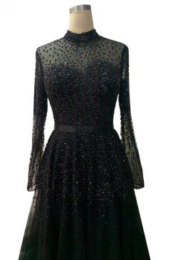 Alternative view of Huda Black High Neck A-line Beaded Evening Dress