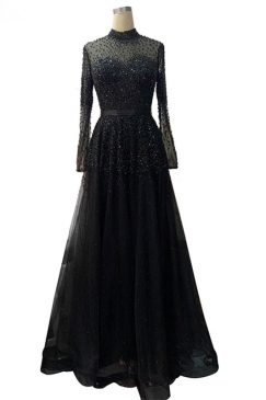 Huda Black High Neck A-line Beaded Evening Dress