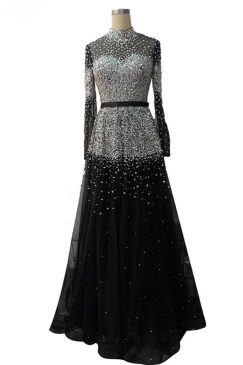 Amira Black High Neck A-line Beaded Evening Dress