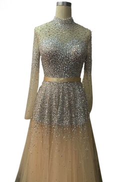 Alternative view of Amber Beige Gold High Neck A-line Beaded Evening Dress