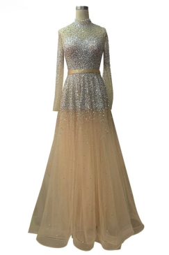 Amber Beige Gold High Neck A-line Beaded Evening Dress