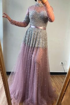 Laila Pink High Neck A-line Beaded Evening Dress