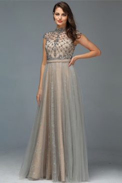 Emani Grey A-line Beaded Evening Gown