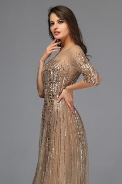 Alternative view of Gold Sheer Sleeve Beaded Evening Dress