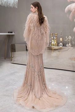 Alternative view of Feathered Cape Trail Back Diamond Evening Dress
