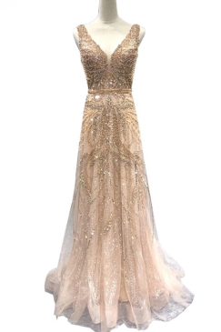 Elegant V Neck Crystal Evening Bridal Dress