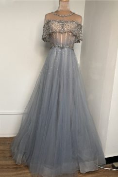 Cape Style Short Sleeved Diamond Evening Dress