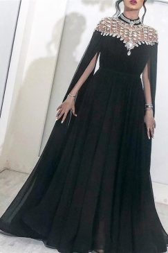 Black Abaya Style Crystal Neck Evening Gown