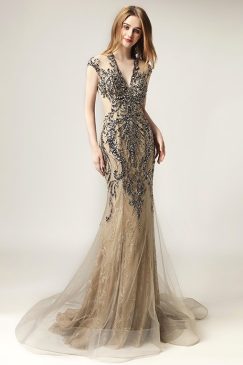 Mocha Heavily Crystal Beaded Mermaid Party Gown